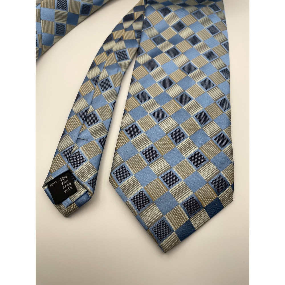 Luciano Ferretti Mens Extra Long 100% Silk Necktie Blue Tan Chessboard Pattern